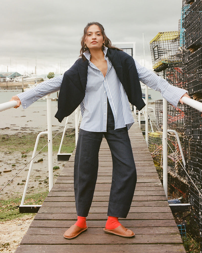 The Cilan Trouser | High-Waisted Barrel-Leg Linen Trousers | Deep Water